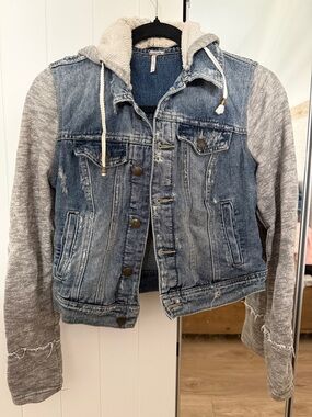 Free People Blue Denim Jean Jacket with Gray Knit Hood & Sleeves